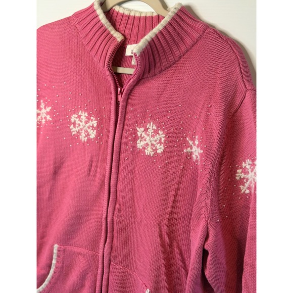 VTG Quacker Factory Zip Cardigan Pink Snowflake Grandmacore Bead Cotton 2X Women - Picture 8 of 12